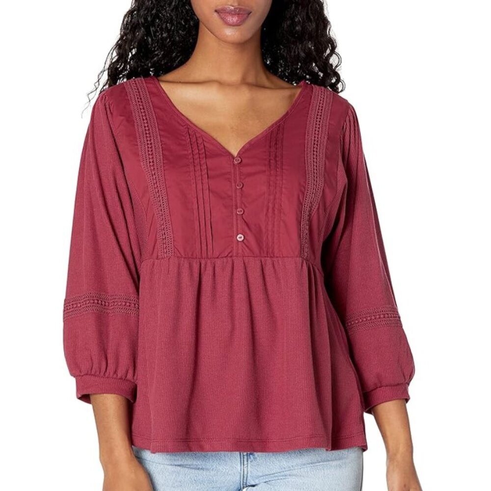 Zac & Rachel | Boho Balloon Sleeve Waffle Knit Top with Crochet Trim | Size L